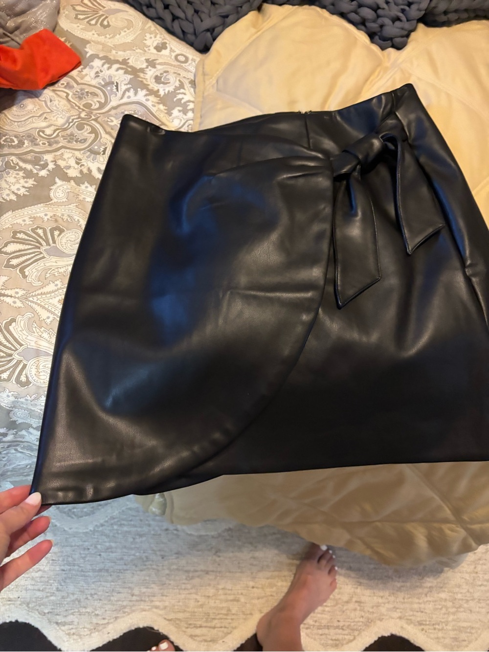 LOFT Black Faux Leather Wrap Mini Skirt with Tie